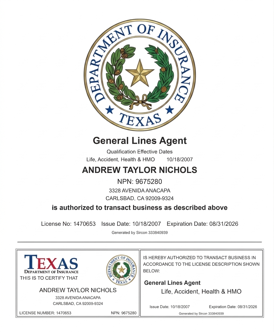 Texas Department of Insurance General Lines Agent license for Andrew Taylor Nichols